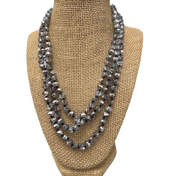 Long Strand Glass Faceted Bead Necklace Clear Silver Knotted 60" No Clasp - Picture 1 of 3